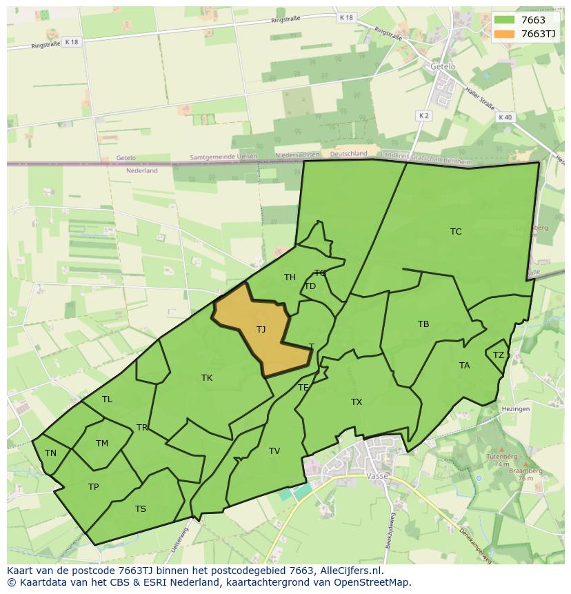 Afbeelding van het postcodegebied 7663 TJ op de kaart.
