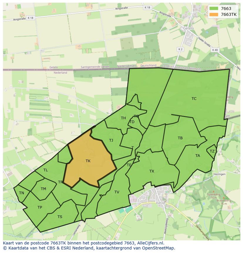 Afbeelding van het postcodegebied 7663 TK op de kaart.
