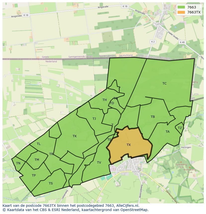 Afbeelding van het postcodegebied 7663 TX op de kaart.