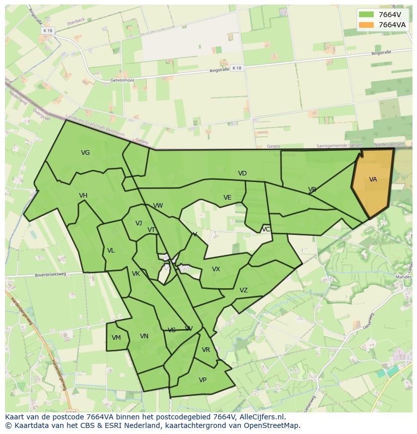 Afbeelding van het postcodegebied 7664 VA op de kaart.