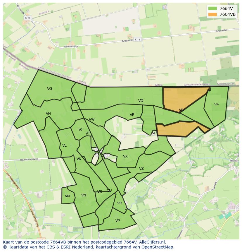 Afbeelding van het postcodegebied 7664 VB op de kaart.