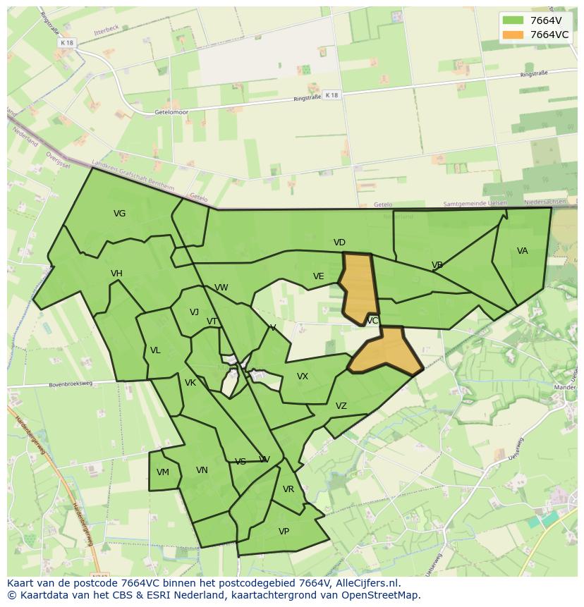 Afbeelding van het postcodegebied 7664 VC op de kaart.