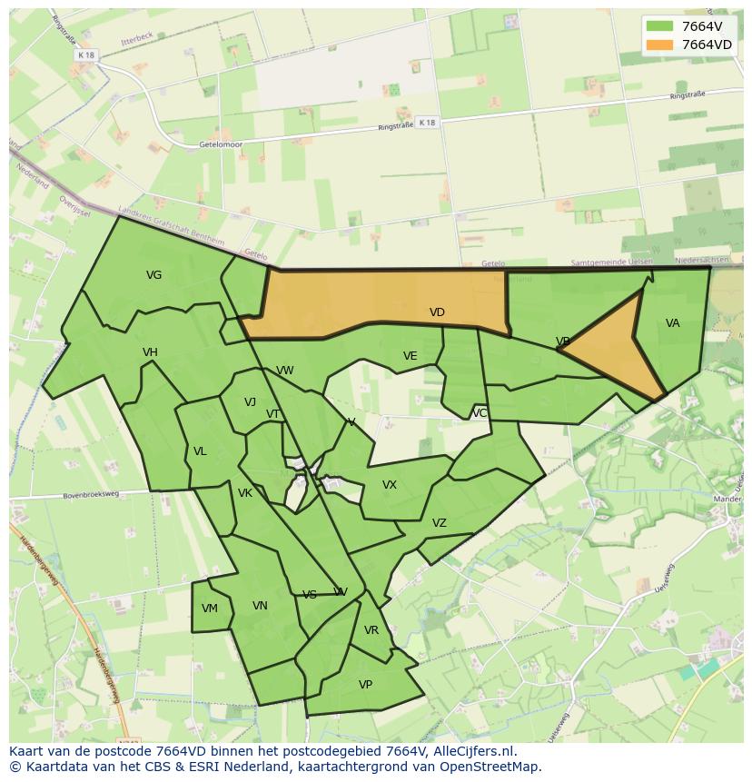 Afbeelding van het postcodegebied 7664 VD op de kaart.