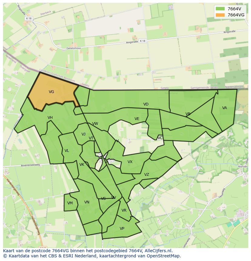 Afbeelding van het postcodegebied 7664 VG op de kaart.