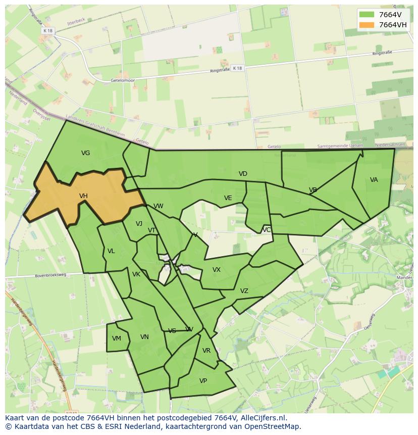 Afbeelding van het postcodegebied 7664 VH op de kaart.