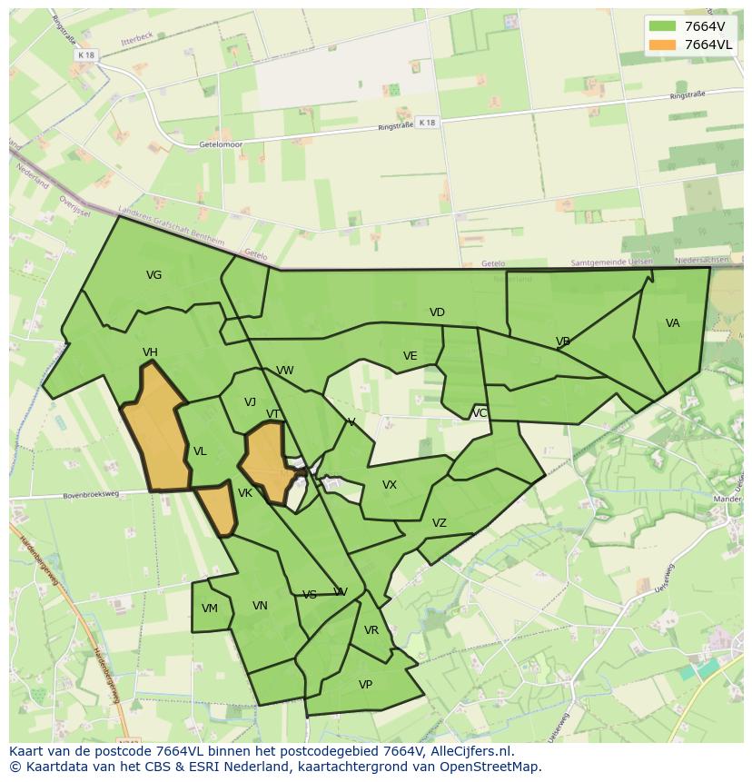 Afbeelding van het postcodegebied 7664 VL op de kaart.