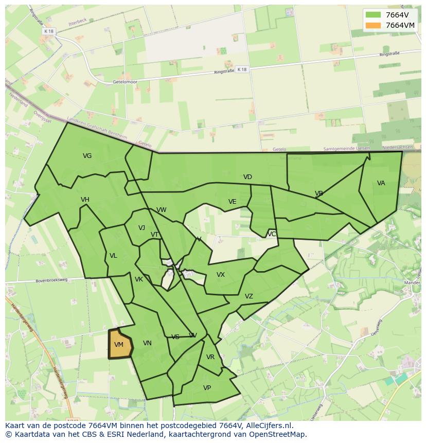 Afbeelding van het postcodegebied 7664 VM op de kaart.