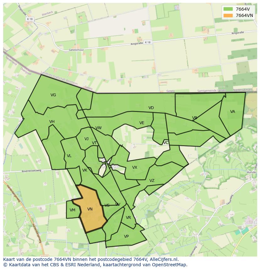 Afbeelding van het postcodegebied 7664 VN op de kaart.