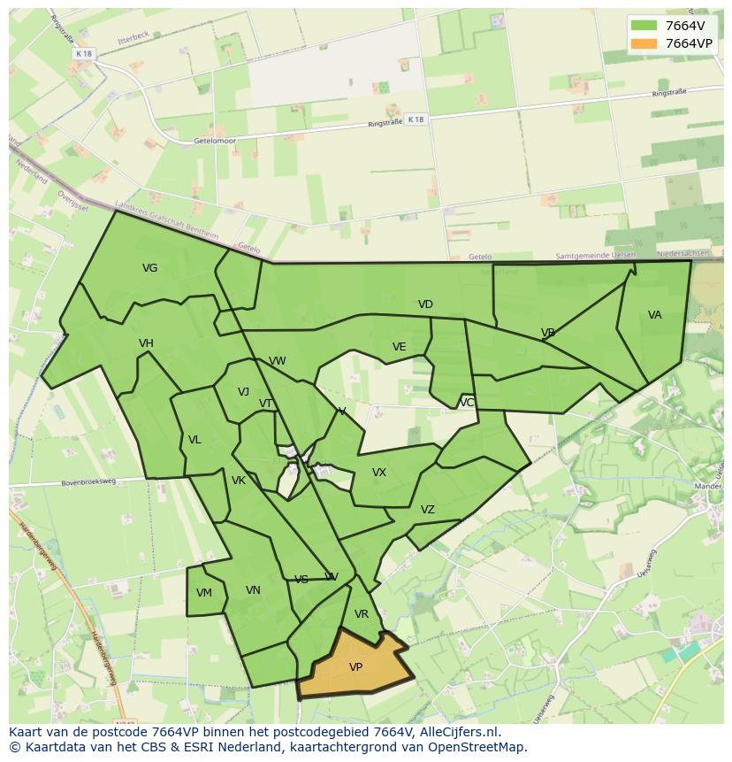 Afbeelding van het postcodegebied 7664 VP op de kaart.