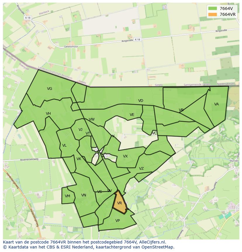 Afbeelding van het postcodegebied 7664 VR op de kaart.