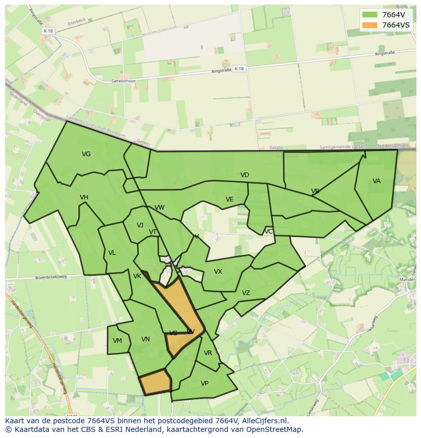 Afbeelding van het postcodegebied 7664 VS op de kaart.