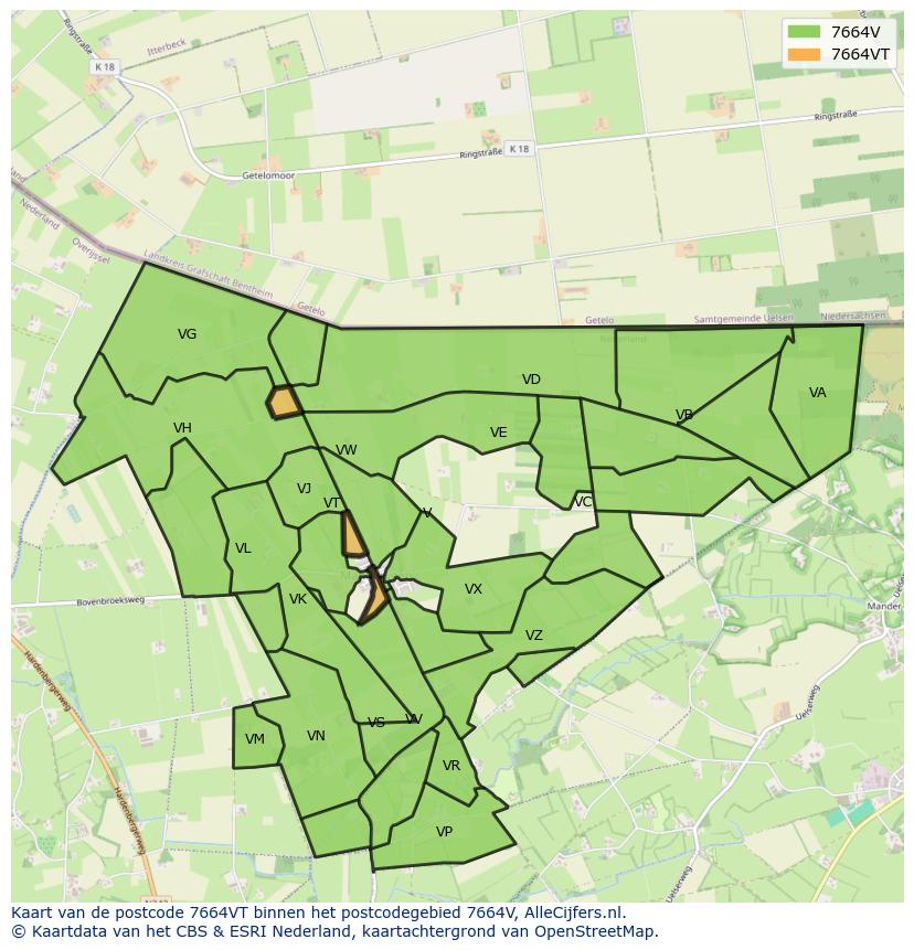 Afbeelding van het postcodegebied 7664 VT op de kaart.