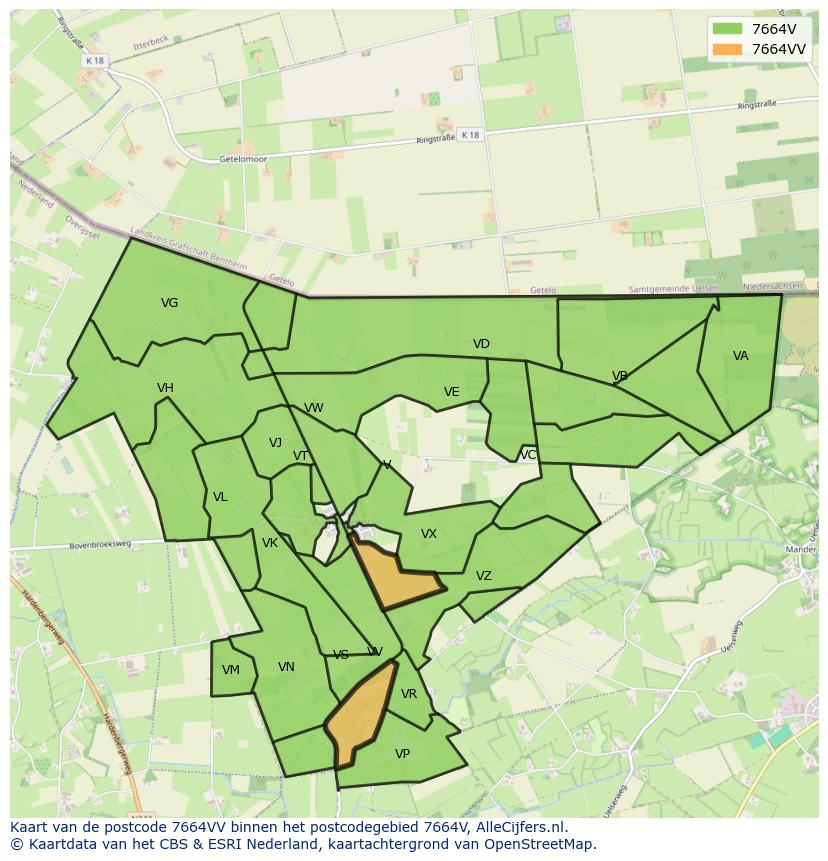 Afbeelding van het postcodegebied 7664 VV op de kaart.