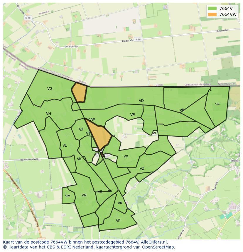 Afbeelding van het postcodegebied 7664 VW op de kaart.