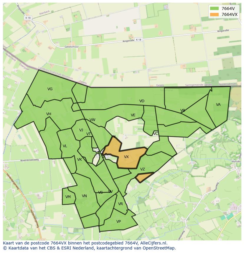 Afbeelding van het postcodegebied 7664 VX op de kaart.