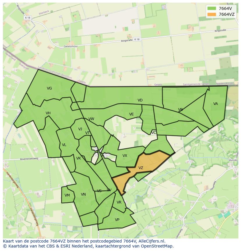 Afbeelding van het postcodegebied 7664 VZ op de kaart.