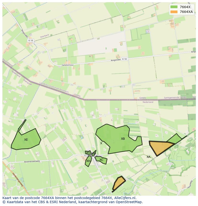 Afbeelding van het postcodegebied 7664 XA op de kaart.