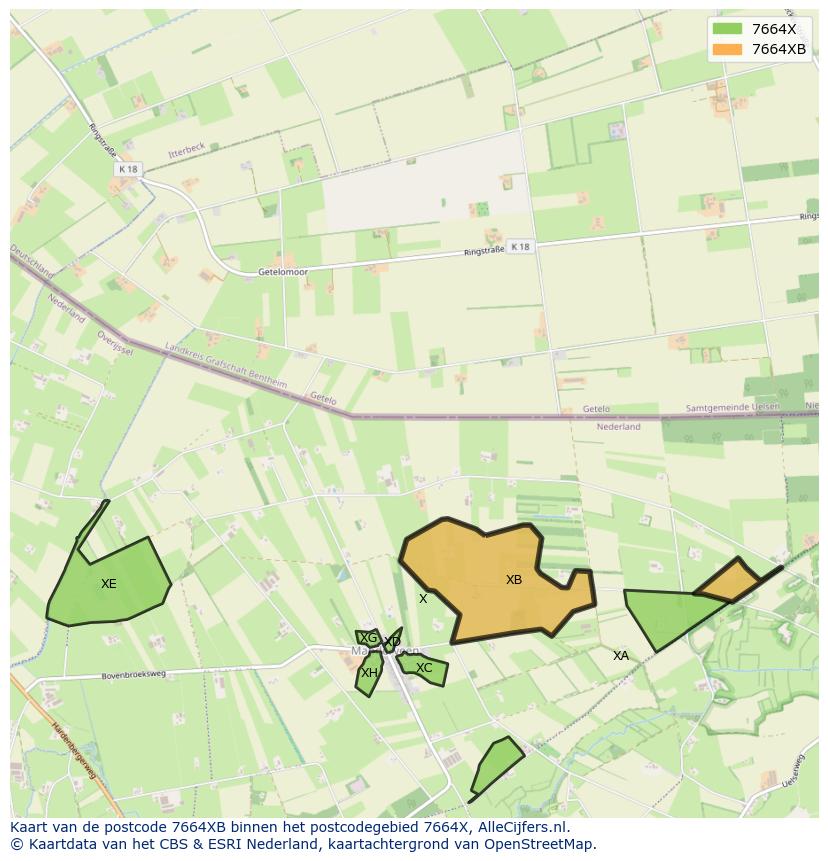 Afbeelding van het postcodegebied 7664 XB op de kaart.