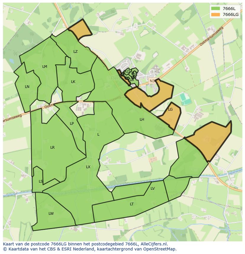 Afbeelding van het postcodegebied 7666 LG op de kaart.