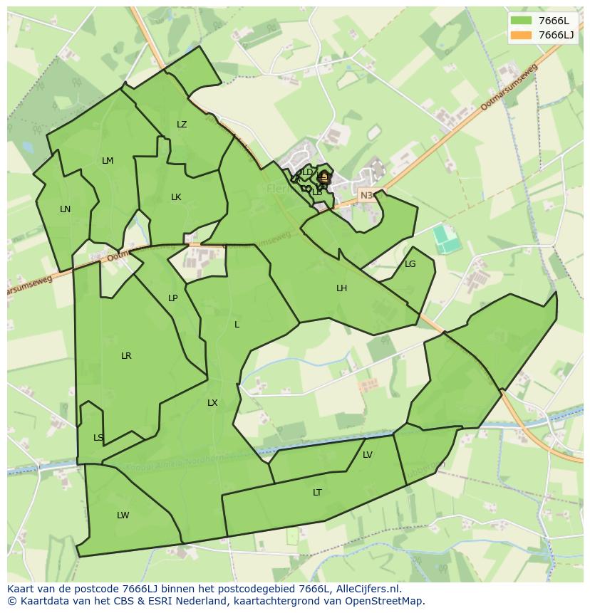 Afbeelding van het postcodegebied 7666 LJ op de kaart.