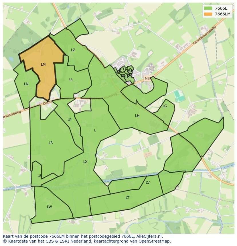 Afbeelding van het postcodegebied 7666 LM op de kaart.