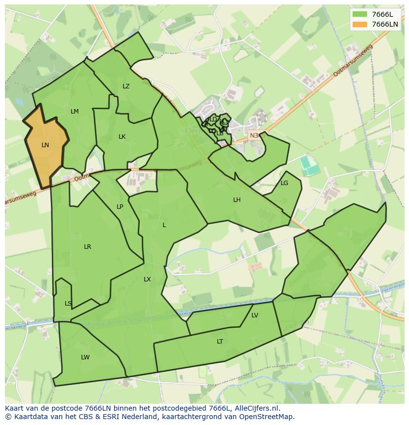 Afbeelding van het postcodegebied 7666 LN op de kaart.