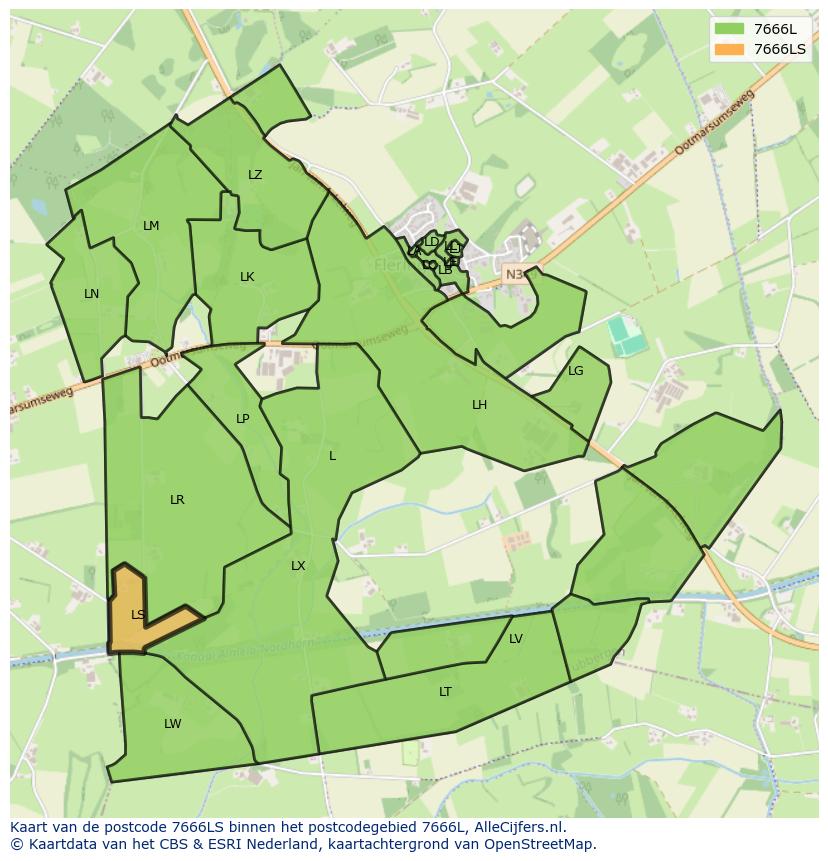 Afbeelding van het postcodegebied 7666 LS op de kaart.