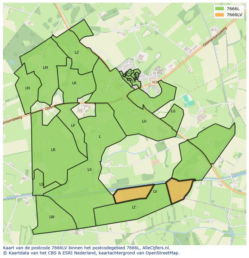 Afbeelding van het postcodegebied 7666 LV op de kaart.