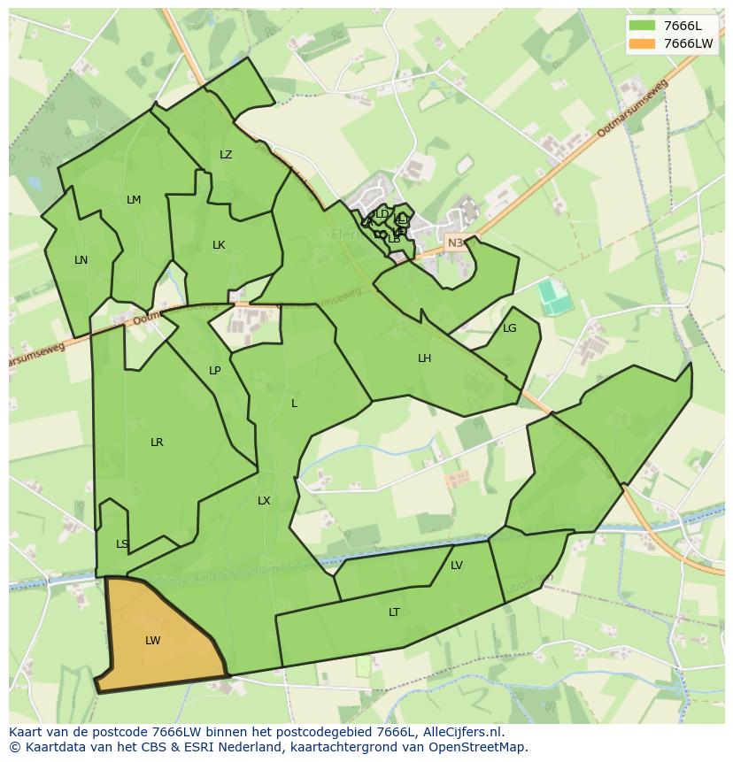 Afbeelding van het postcodegebied 7666 LW op de kaart.