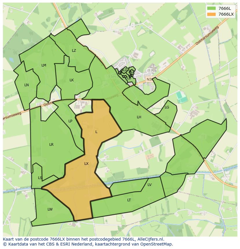 Afbeelding van het postcodegebied 7666 LX op de kaart.