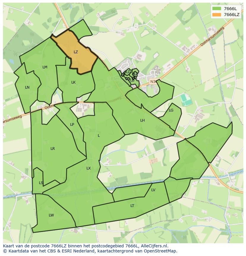 Afbeelding van het postcodegebied 7666 LZ op de kaart.