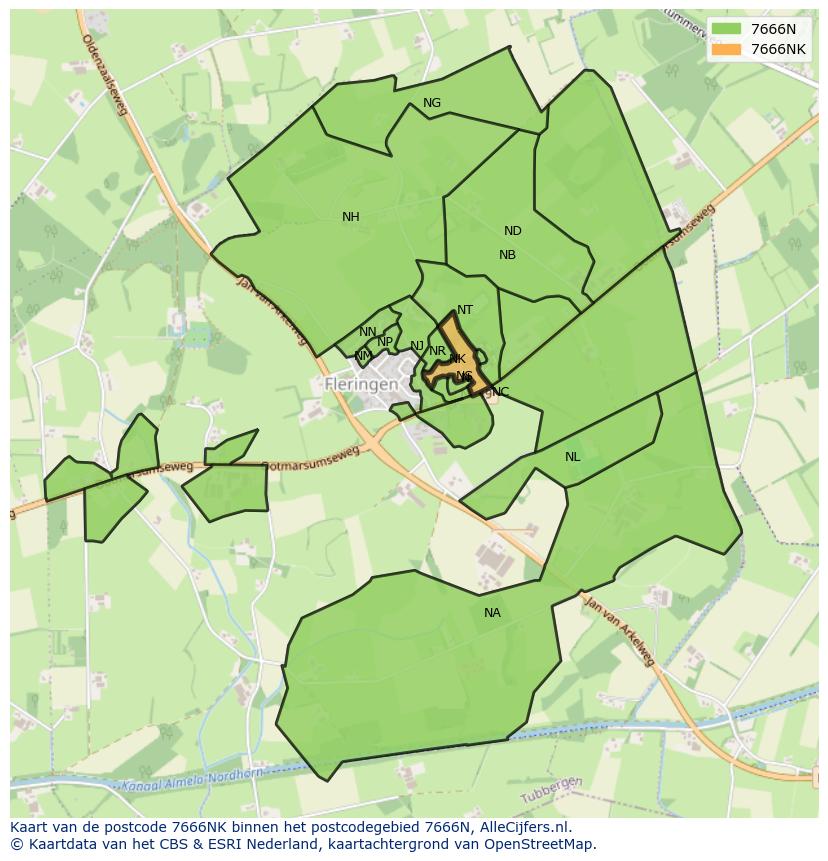 Afbeelding van het postcodegebied 7666 NK op de kaart.