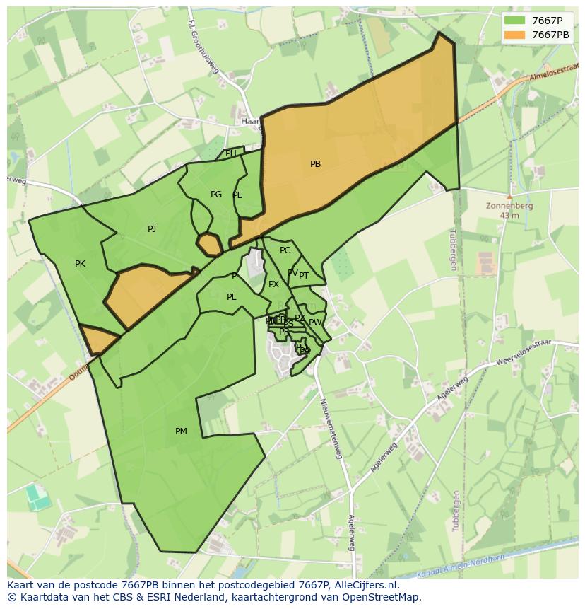 Afbeelding van het postcodegebied 7667 PB op de kaart.