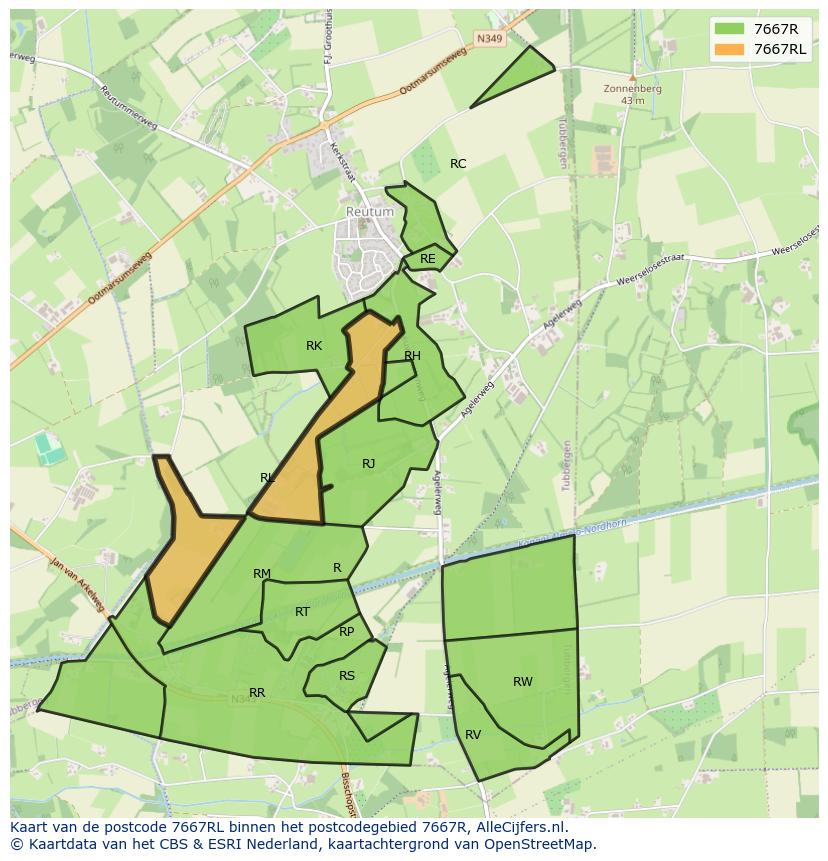 Afbeelding van het postcodegebied 7667 RL op de kaart.