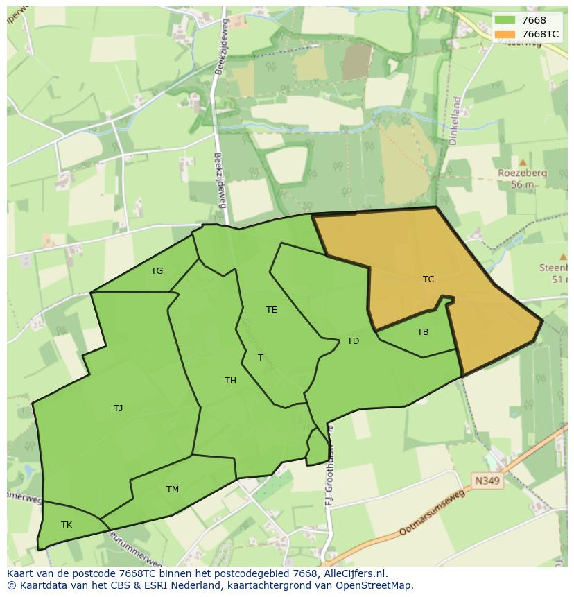 Afbeelding van het postcodegebied 7668 TC op de kaart.