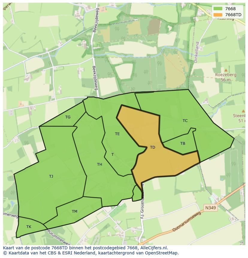 Afbeelding van het postcodegebied 7668 TD op de kaart.