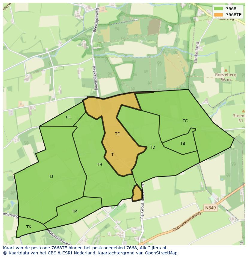 Afbeelding van het postcodegebied 7668 TE op de kaart.
