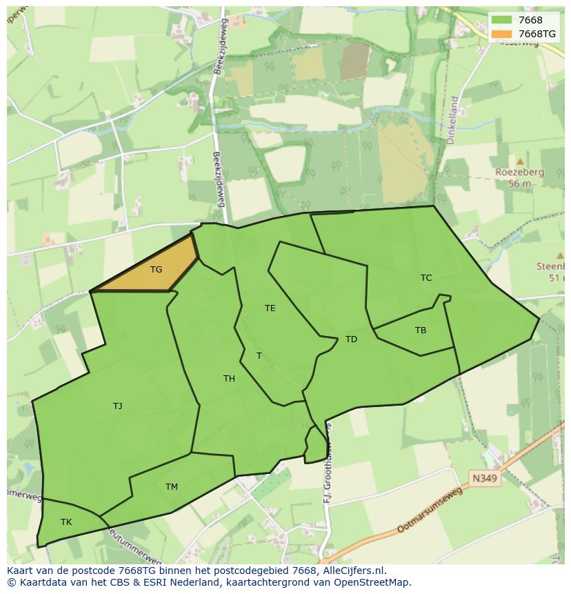 Afbeelding van het postcodegebied 7668 TG op de kaart.