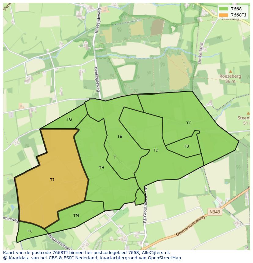 Afbeelding van het postcodegebied 7668 TJ op de kaart.