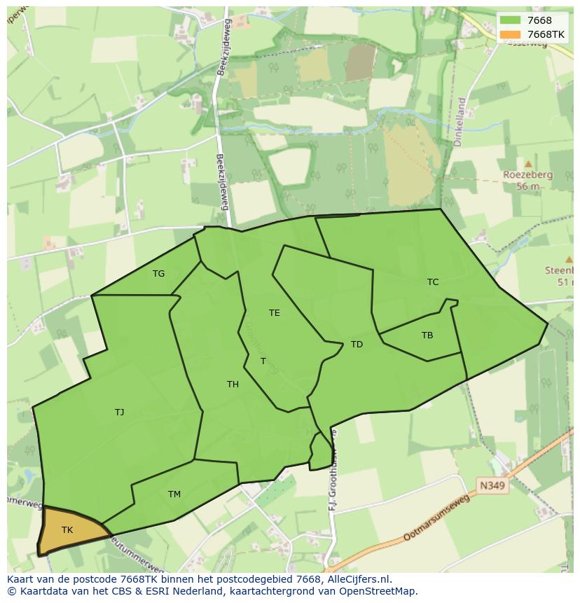 Afbeelding van het postcodegebied 7668 TK op de kaart.