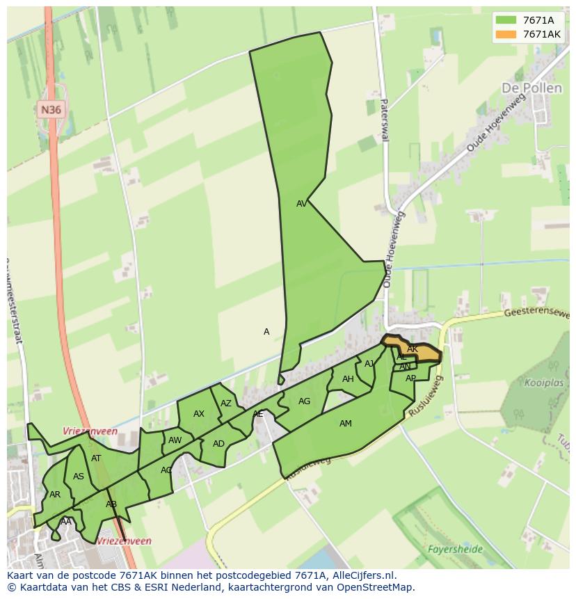 Afbeelding van het postcodegebied 7671 AK op de kaart.