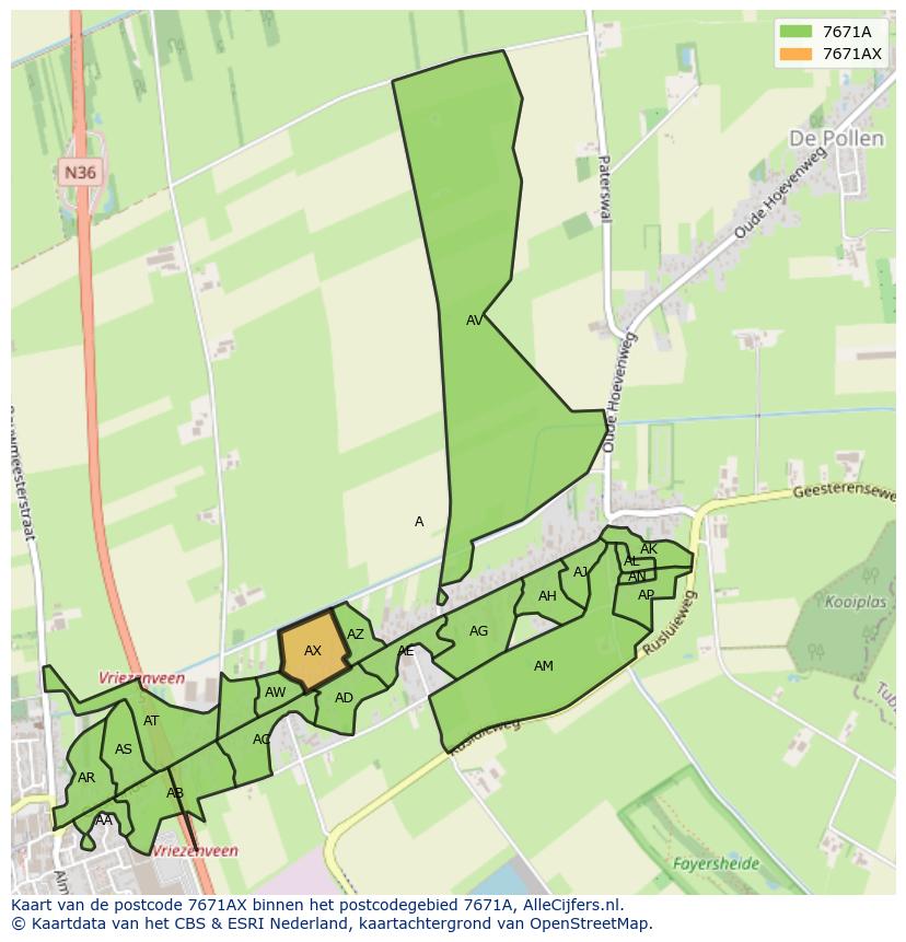 Afbeelding van het postcodegebied 7671 AX op de kaart.