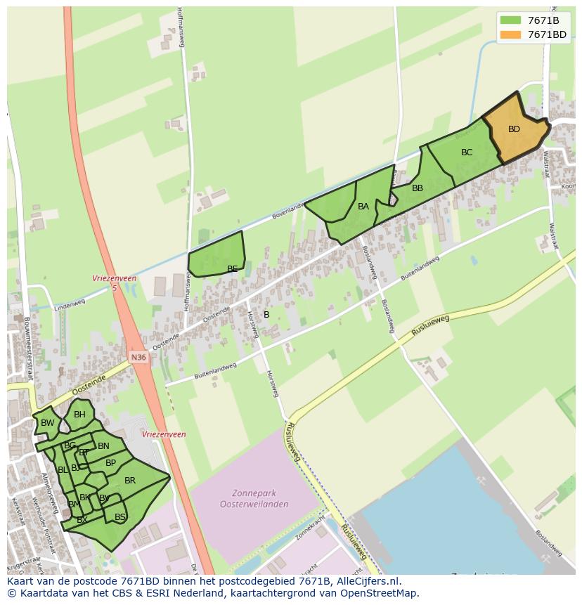 Afbeelding van het postcodegebied 7671 BD op de kaart.