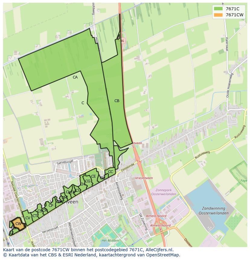 Afbeelding van het postcodegebied 7671 CW op de kaart.