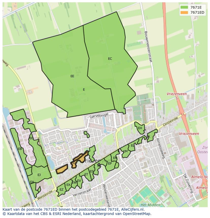 Afbeelding van het postcodegebied 7671 ED op de kaart.