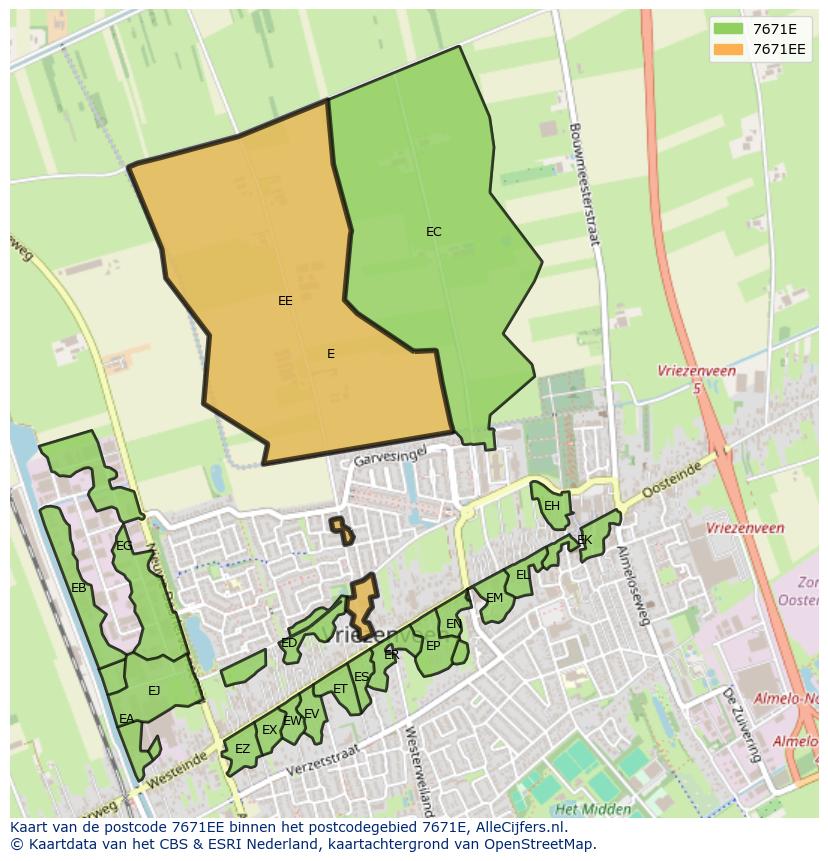 Afbeelding van het postcodegebied 7671 EE op de kaart.