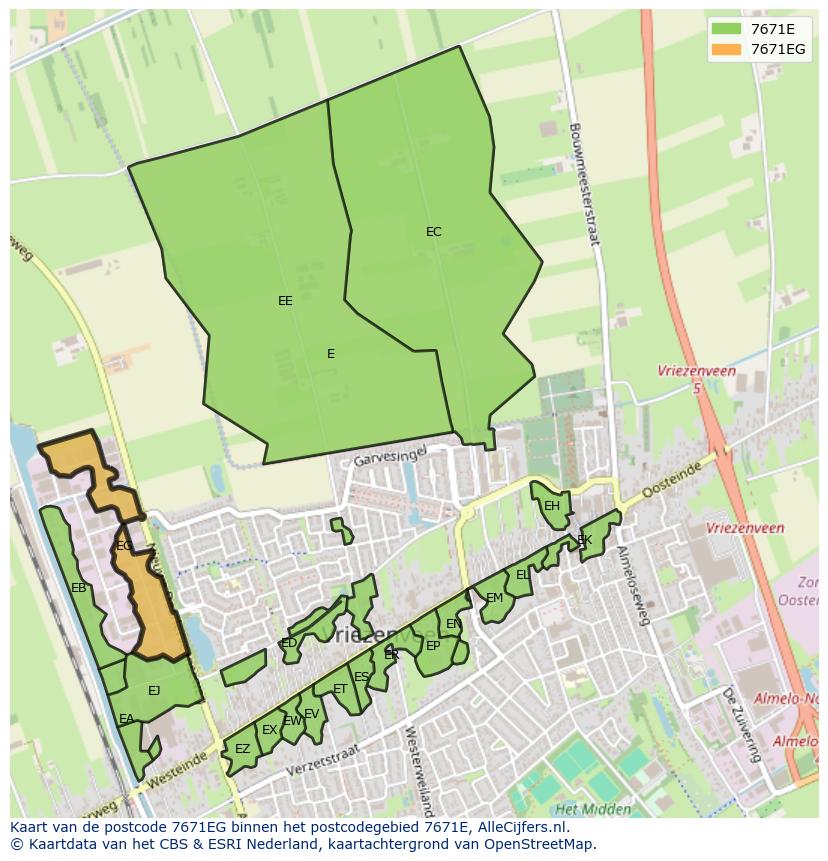 Afbeelding van het postcodegebied 7671 EG op de kaart.