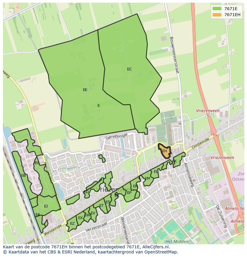 Afbeelding van het postcodegebied 7671 EH op de kaart.