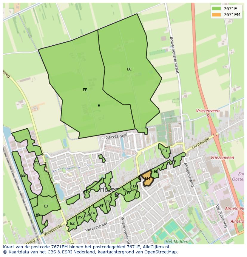 Afbeelding van het postcodegebied 7671 EM op de kaart.