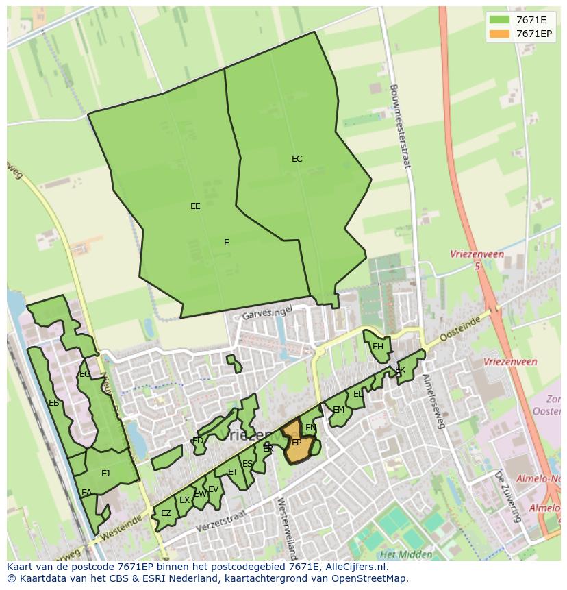 Afbeelding van het postcodegebied 7671 EP op de kaart.